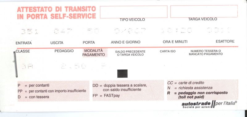 Esempio di scontrino di pedaggio autostradale con modalit&agrave; di pagamento