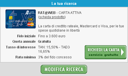 Schermata web con caratteristiche e condizioni di utilizzo di una carta revolving