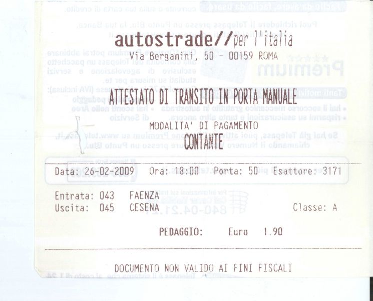 Esempio di scontrino di pagamento pedaggio autostradale